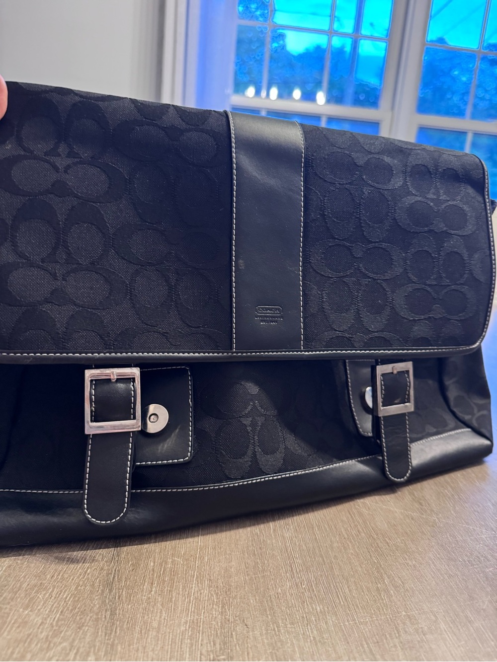 Coach Black Signature Jacquard Messenger Bag with Leather Trim, Unisex